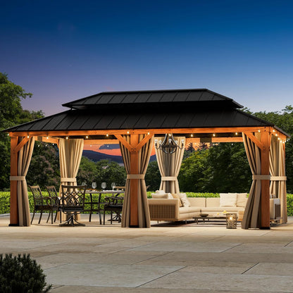 Big Leaf 12'x16' Wood Gazebo with Galvanized Steel Roof - Hardtop Gazebo with Cedar Frame Permanent Hardtop Pavilion with Mosquito Netting & Curtains for Garden, Backyard