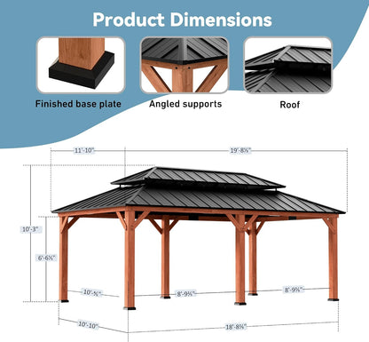 Big Leaf 12'x16' Wood Gazebo with Galvanized Steel Roof - Hardtop Gazebo with Cedar Frame Permanent Hardtop Pavilion with Mosquito Netting & Curtains for Garden, Backyard