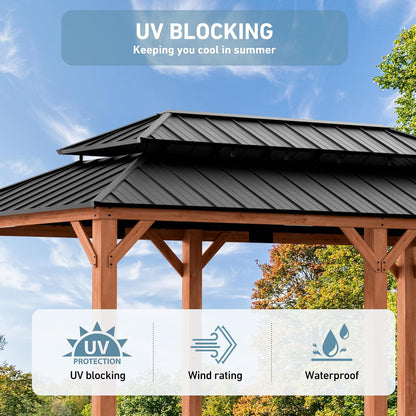 Big Leaf 12'x16' Wood Gazebo with Galvanized Steel Roof - Hardtop Gazebo with Cedar Frame Permanent Hardtop Pavilion with Mosquito Netting & Curtains for Garden, Backyard