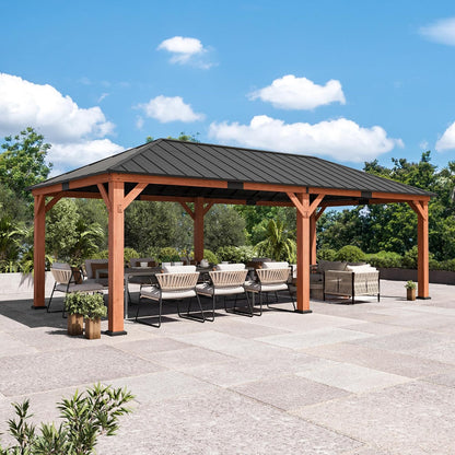 Big Leaf 12'x16' Wood Gazebo with Galvanized Steel Roof - Hardtop Gazebo with Cedar Frame Permanent Hardtop Pavilion with Mosquito Netting & Curtains for Garden, Backyard