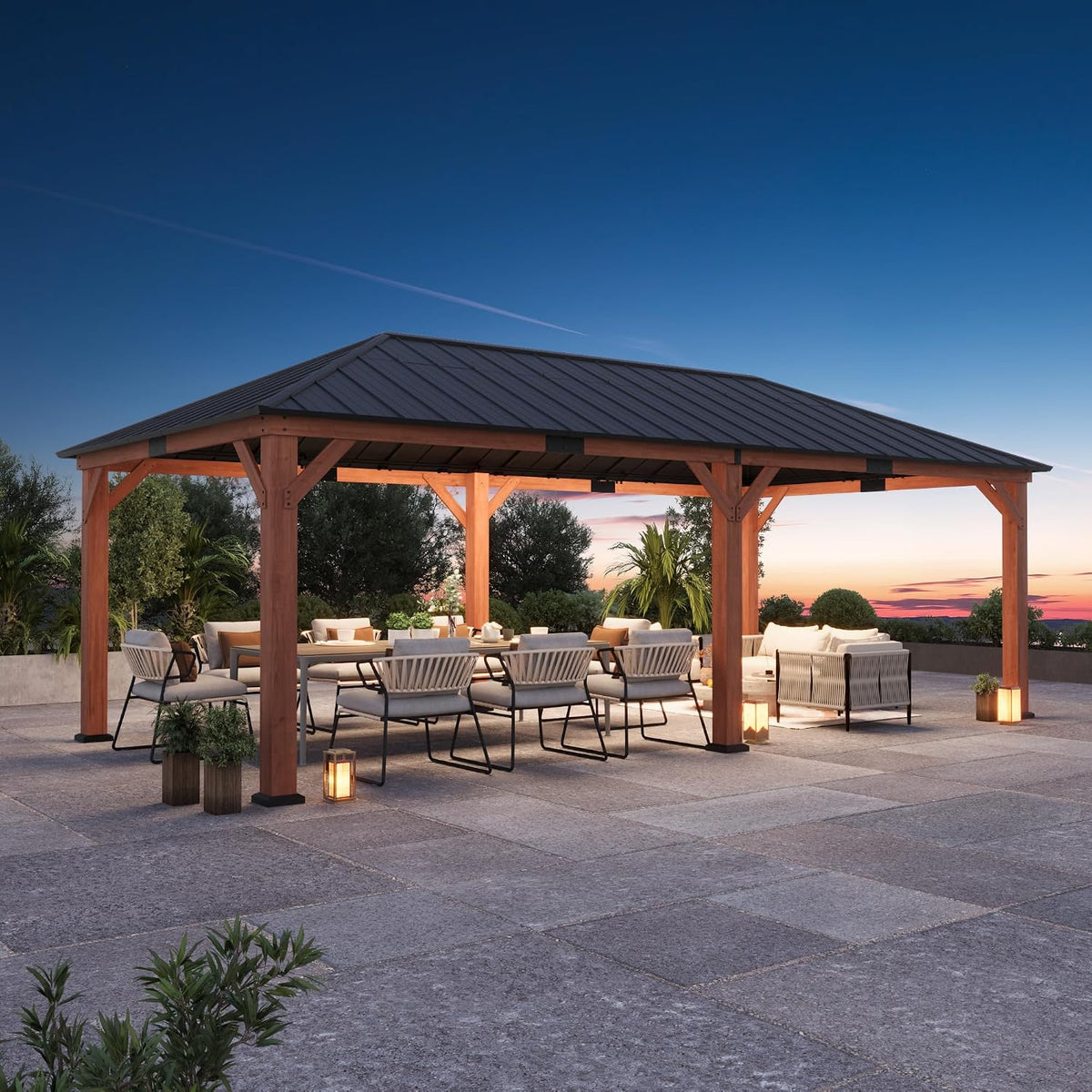 Big Leaf 12'x16' Wood Gazebo with Galvanized Steel Roof - Hardtop Gazebo with Cedar Frame Permanent Hardtop Pavilion with Mosquito Netting & Curtains for Garden, Backyard