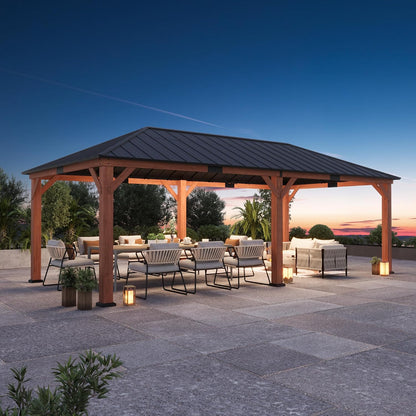 Big Leaf 12'x16' Wood Gazebo with Galvanized Steel Roof - Hardtop Gazebo with Cedar Frame Permanent Hardtop Pavilion with Mosquito Netting & Curtains for Garden, Backyard