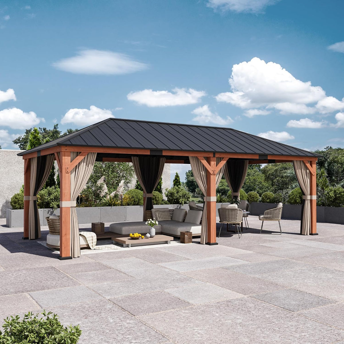 Big Leaf 12'x16' Wood Gazebo with Galvanized Steel Roof - Hardtop Gazebo with Cedar Frame Permanent Hardtop Pavilion with Mosquito Netting & Curtains for Garden, Backyard