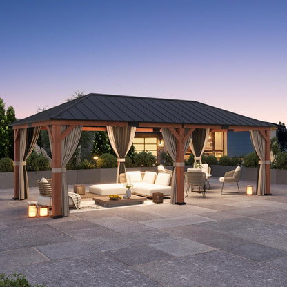 Big Leaf 12'x16' Wood Gazebo with Galvanized Steel Roof - Hardtop Gazebo with Cedar Frame Permanent Hardtop Pavilion with Mosquito Netting & Curtains for Garden, Backyard