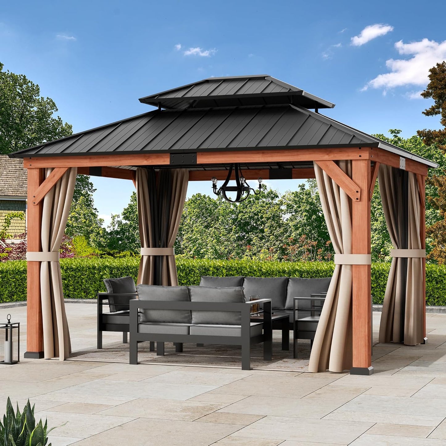 Big Leaf 12'x16' Wood Gazebo with Galvanized Steel Roof - Hardtop Gazebo with Cedar Frame Permanent Hardtop Pavilion with Mosquito Netting & Curtains for Garden, Backyard