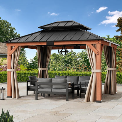 Big Leaf 12'x16' Wood Gazebo with Galvanized Steel Roof - Hardtop Gazebo with Cedar Frame Permanent Hardtop Pavilion with Mosquito Netting & Curtains for Garden, Backyard