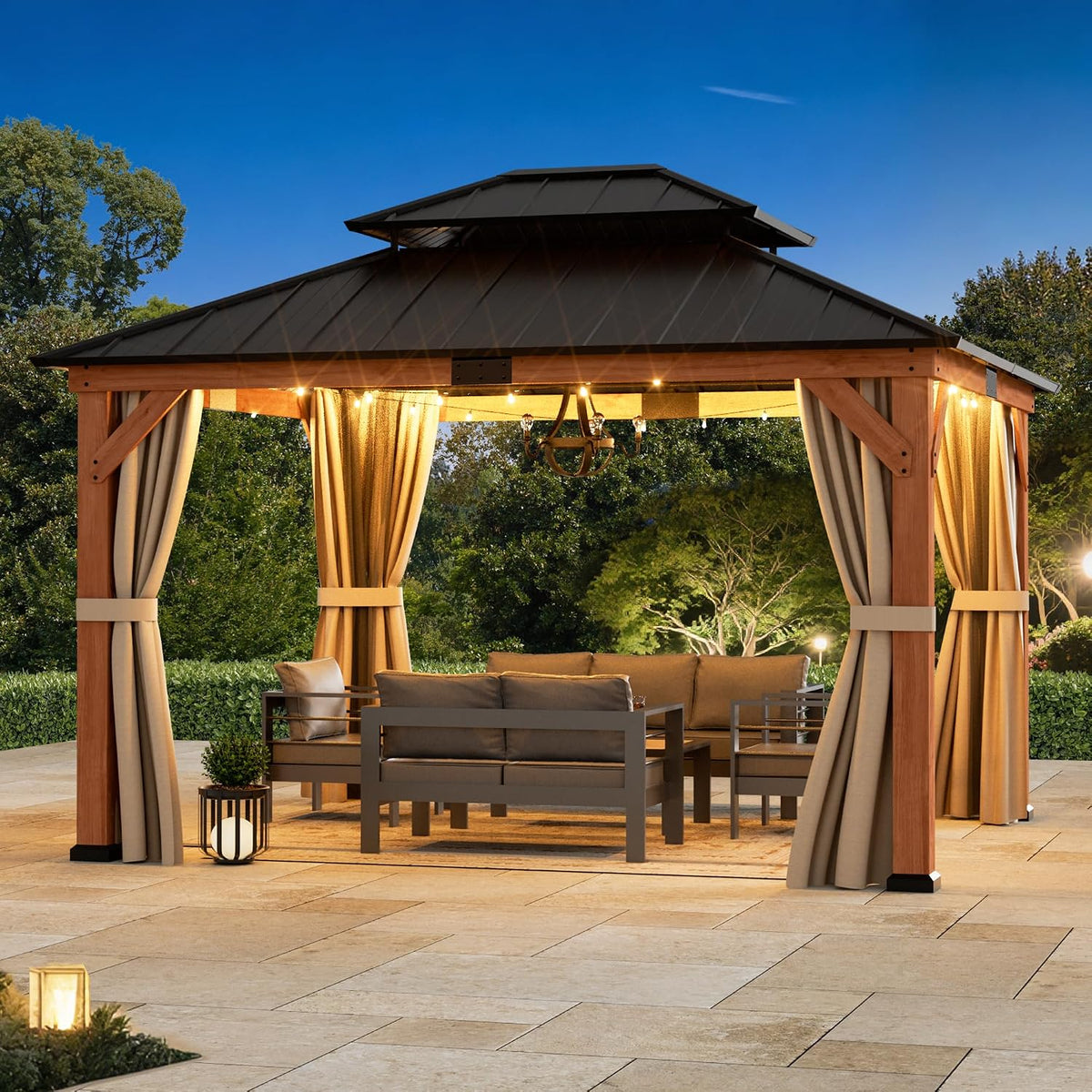 Big Leaf 12'x16' Wood Gazebo with Galvanized Steel Roof - Hardtop Gazebo with Cedar Frame Permanent Hardtop Pavilion with Mosquito Netting & Curtains for Garden, Backyard
