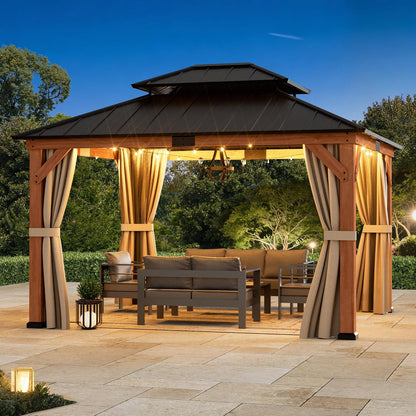 Big Leaf 12'x16' Wood Gazebo with Galvanized Steel Roof - Hardtop Gazebo with Cedar Frame Permanent Hardtop Pavilion with Mosquito Netting & Curtains for Garden, Backyard