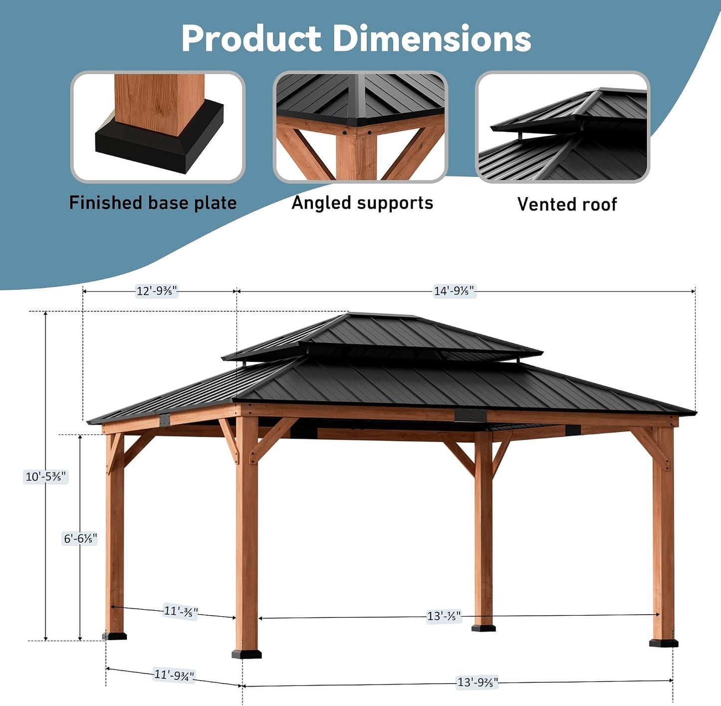Big Leaf 12'x16' Wood Gazebo with Galvanized Steel Roof - Hardtop Gazebo with Cedar Frame Permanent Hardtop Pavilion with Mosquito Netting & Curtains for Garden, Backyard