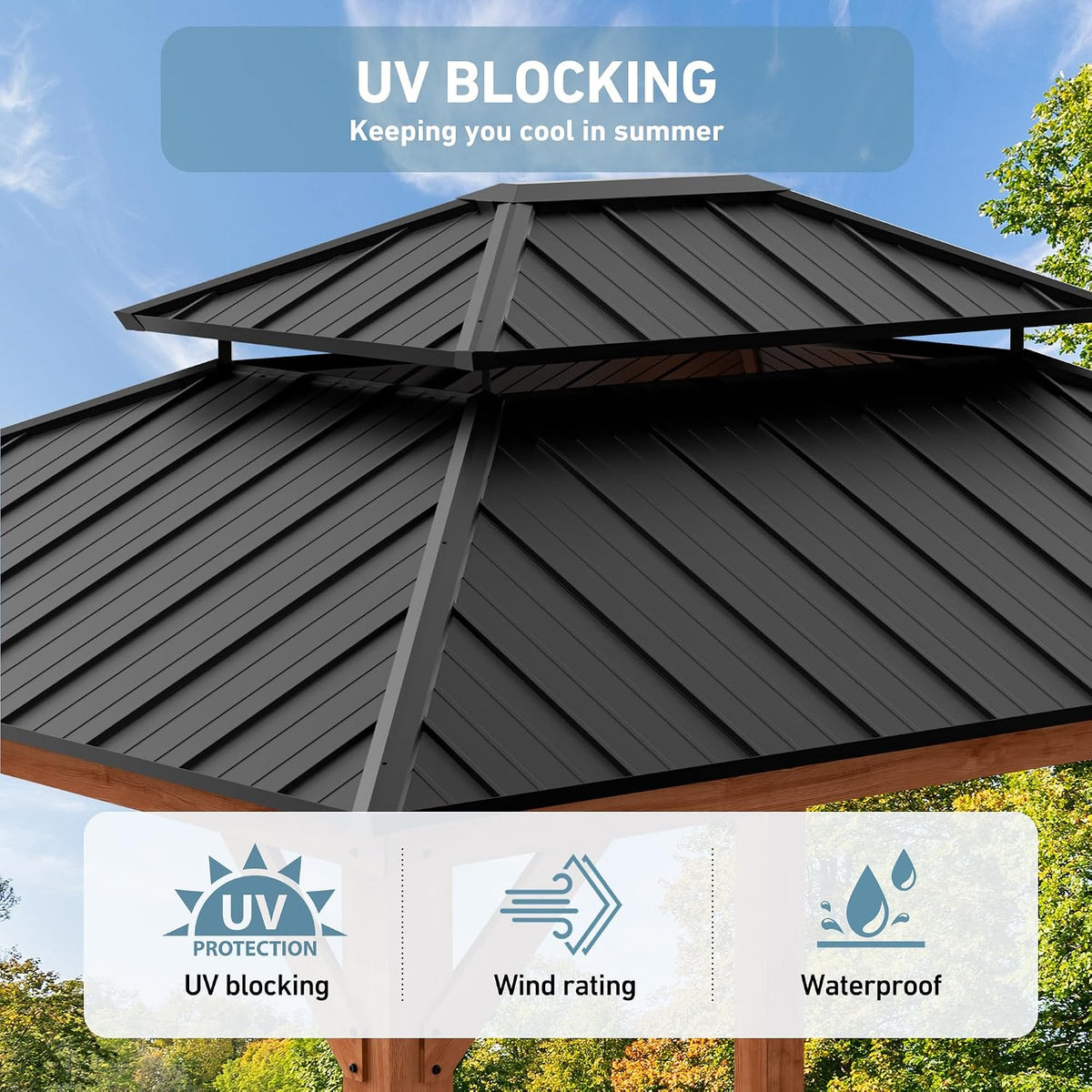 Big Leaf 12'x16' Wood Gazebo with Galvanized Steel Roof - Hardtop Gazebo with Cedar Frame Permanent Hardtop Pavilion with Mosquito Netting & Curtains for Garden, Backyard