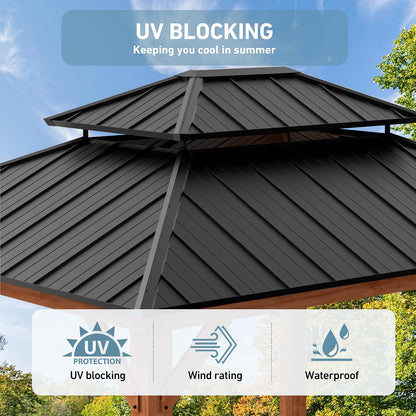 Big Leaf 12'x16' Wood Gazebo with Galvanized Steel Roof - Hardtop Gazebo with Cedar Frame Permanent Hardtop Pavilion with Mosquito Netting & Curtains for Garden, Backyard