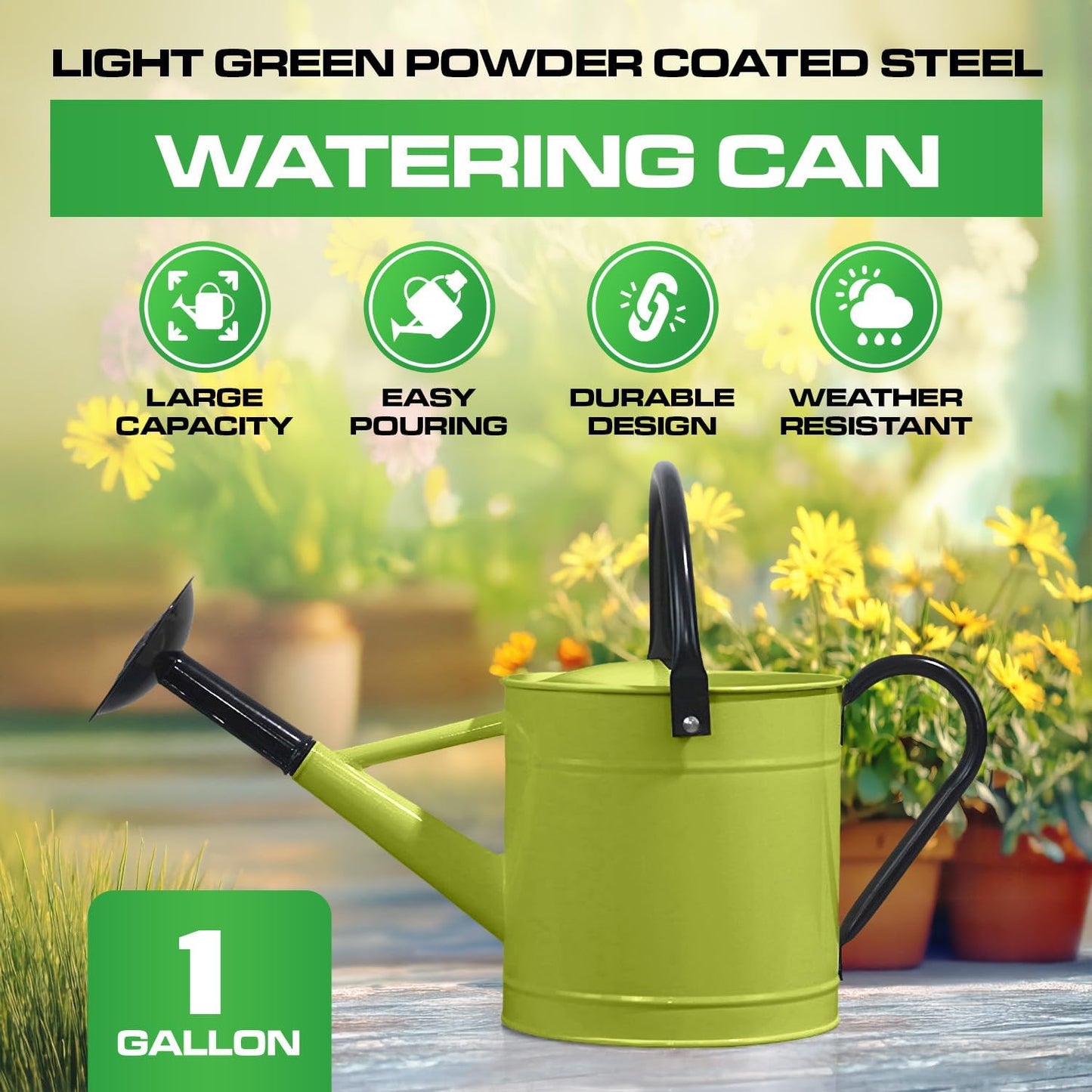 Metal Watering Can Outdoor 1 Gallon, Flower Plant Gardening Garden Large Green Watering Can Pot, Galvanized Steel Handles - Removable Spray Spout, Green