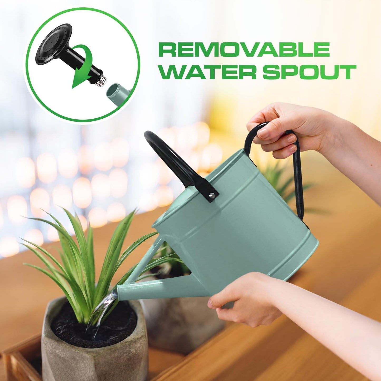 Metal Watering Can Outdoor 1 Gallon, Flower Plant Gardening Garden Large Green Watering Can Pot, Galvanized Steel Handles - Removable Spray Spout, Green