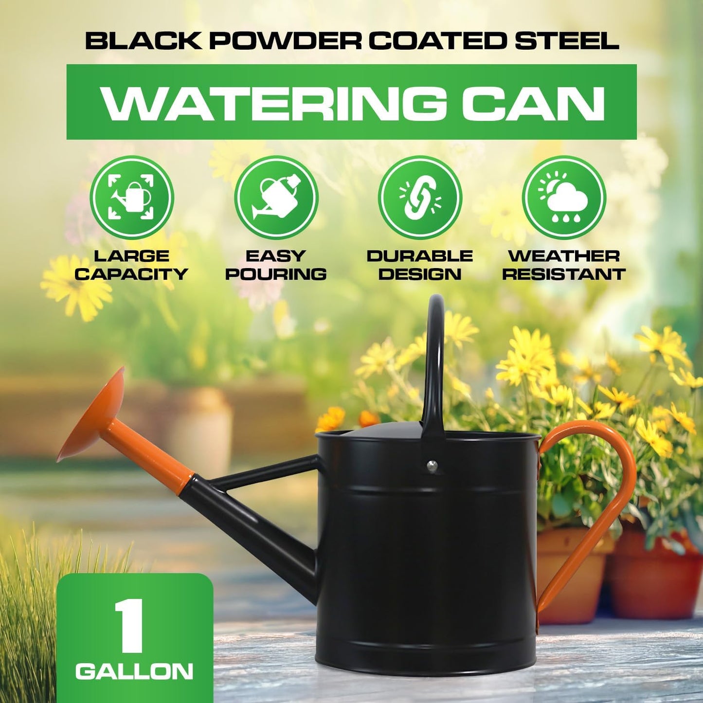 Metal Watering Can Outdoor 1 Gallon, Flower Plant Gardening Garden Large Green Watering Can Pot, Galvanized Steel Handles - Removable Spray Spout, Green