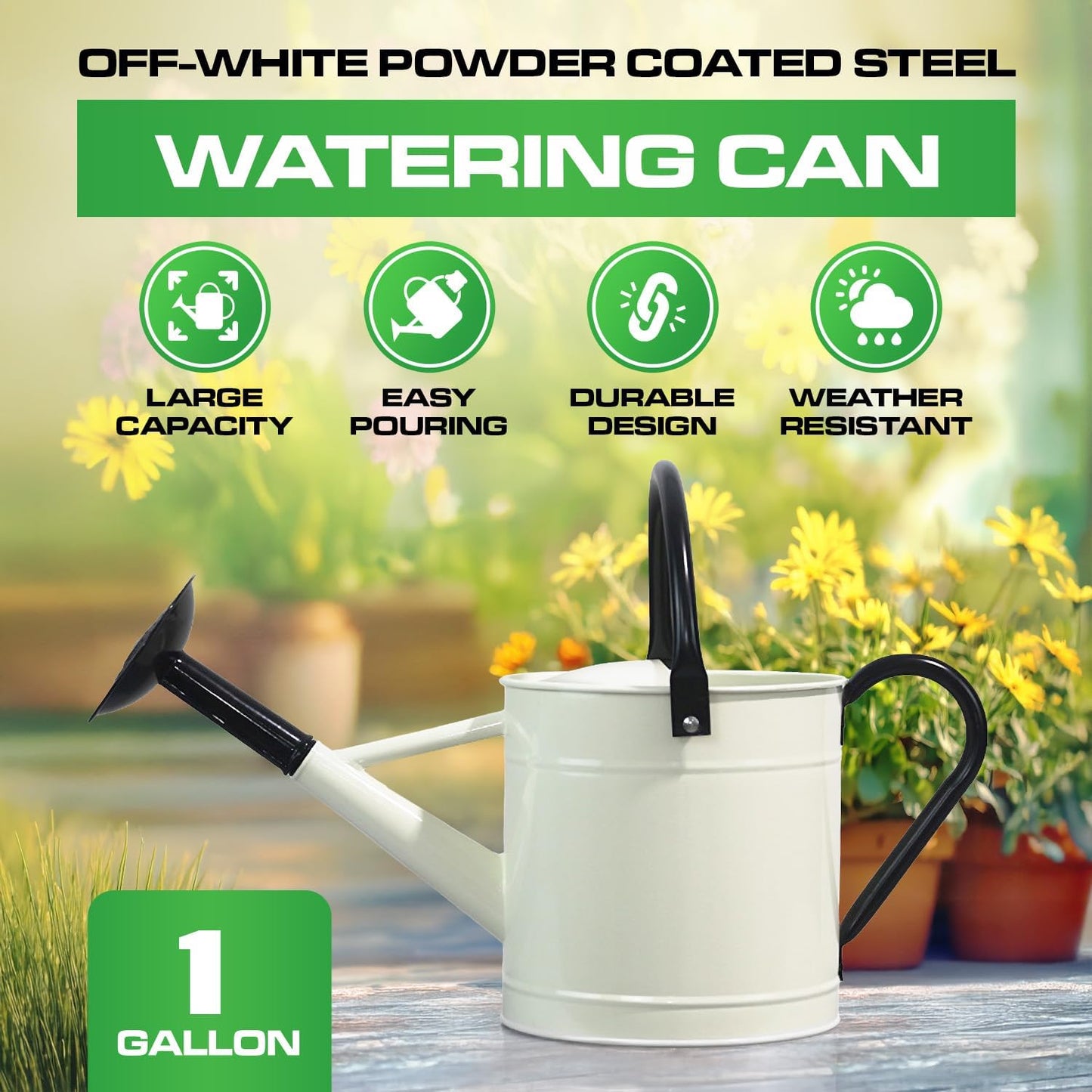 Metal Watering Can Outdoor 1 Gallon, Flower Plant Gardening Garden Large Green Watering Can Pot, Galvanized Steel Handles - Removable Spray Spout, Green