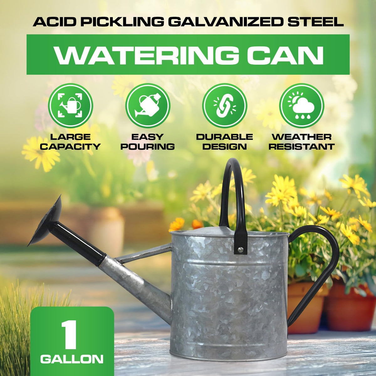 Metal Watering Can Outdoor 1 Gallon, Flower Plant Gardening Garden Large Green Watering Can Pot, Galvanized Steel Handles - Removable Spray Spout, Green