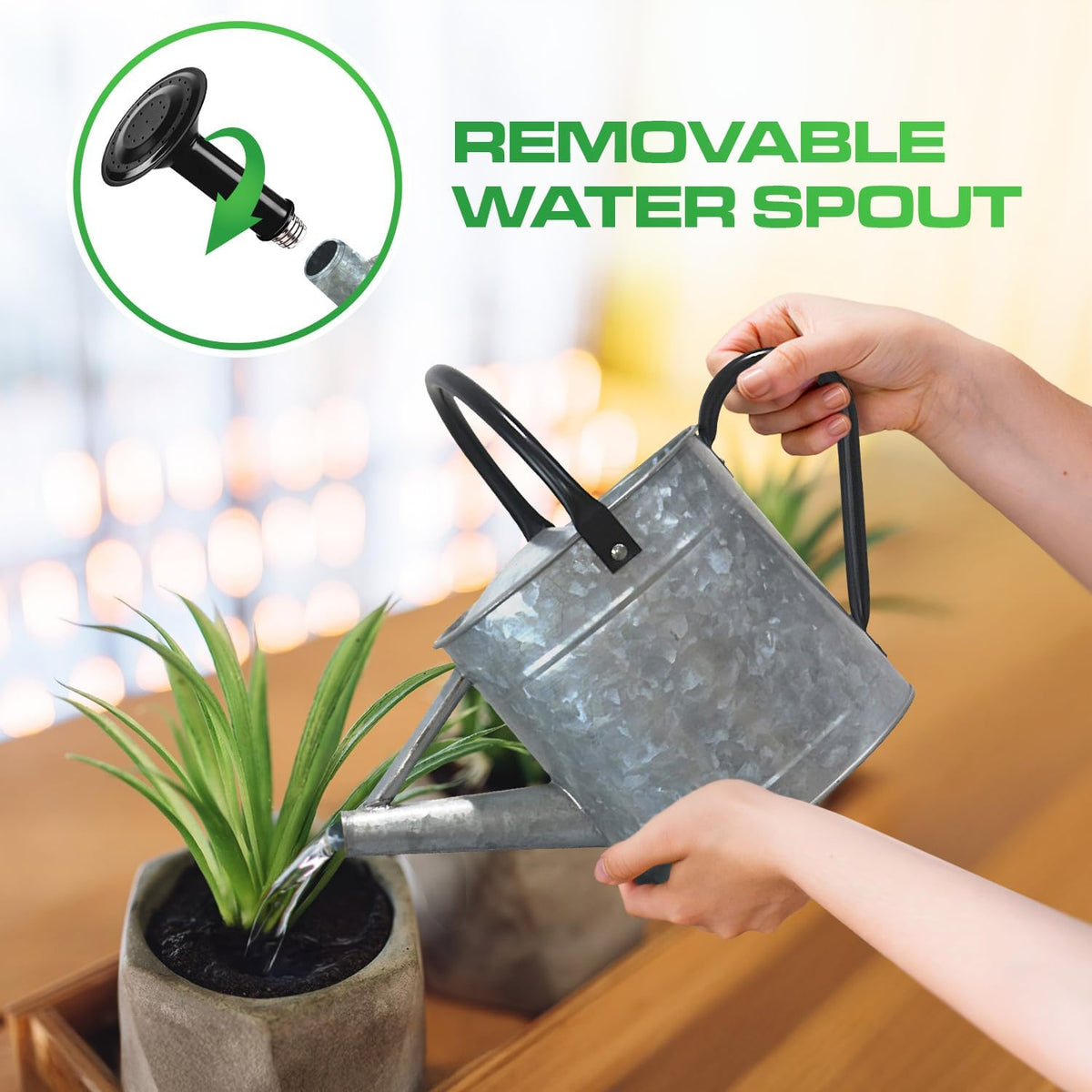 Metal Watering Can Outdoor 1 Gallon, Flower Plant Gardening Garden Large Green Watering Can Pot, Galvanized Steel Handles - Removable Spray Spout, Green