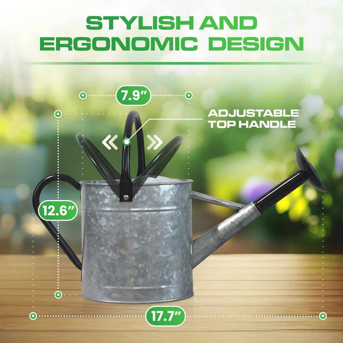 Metal Watering Can Outdoor 1 Gallon, Flower Plant Gardening Garden Large Green Watering Can Pot, Galvanized Steel Handles - Removable Spray Spout, Green