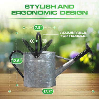 Metal Watering Can Outdoor 1 Gallon, Flower Plant Gardening Garden Large Green Watering Can Pot, Galvanized Steel Handles - Removable Spray Spout, Green