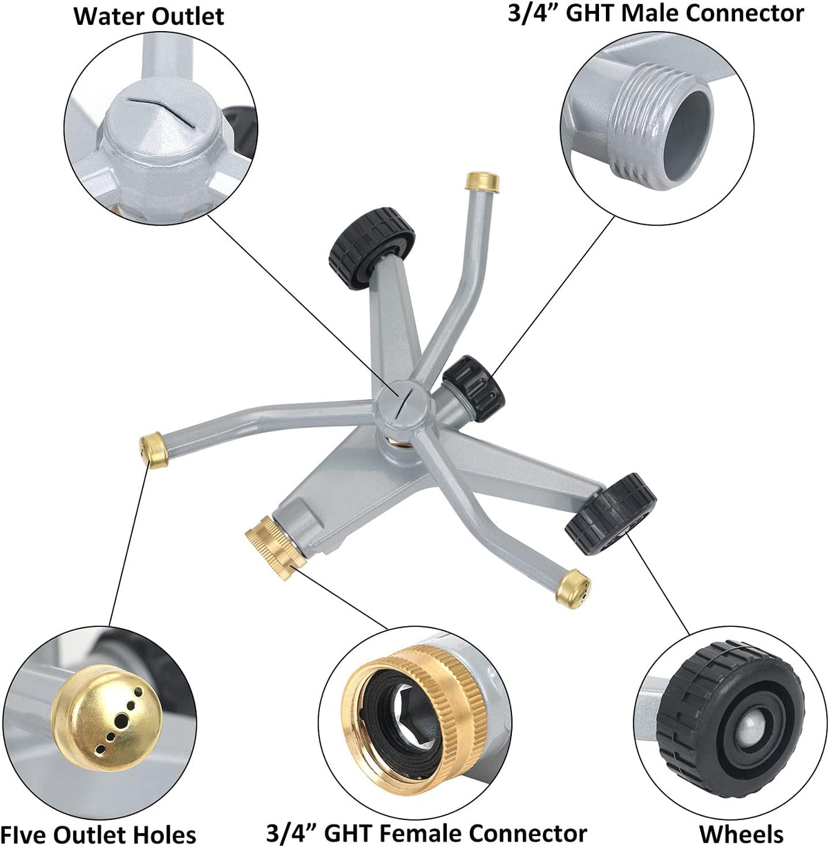 Metal Rotating Water Sprinkler for Lawn, Heavy Duty Metal 3-Arms Whirling 360 Degree Automatic Rotary Sprinkler with Wheeled Base for Small Areas, Garden, Yard, Cover up to 1,384 Sq. ft.