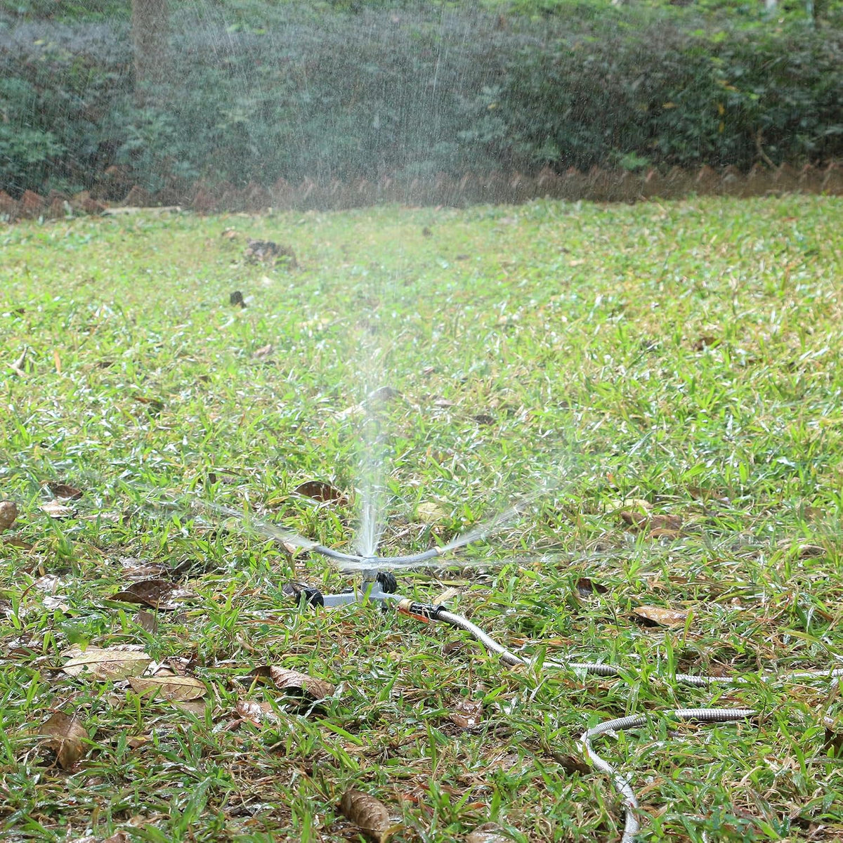 Metal Rotating Water Sprinkler for Lawn, Heavy Duty Metal 3-Arms Whirling 360 Degree Automatic Rotary Sprinkler with Wheeled Base for Small Areas, Garden, Yard, Cover up to 1,384 Sq. ft.
