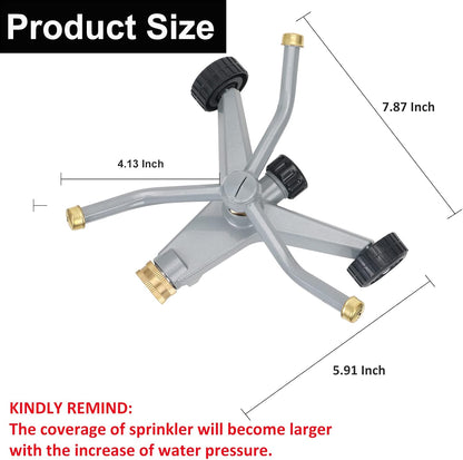 Metal Rotating Water Sprinkler for Lawn, Heavy Duty Metal 3-Arms Whirling 360 Degree Automatic Rotary Sprinkler with Wheeled Base for Small Areas, Garden, Yard, Cover up to 1,384 Sq. ft.