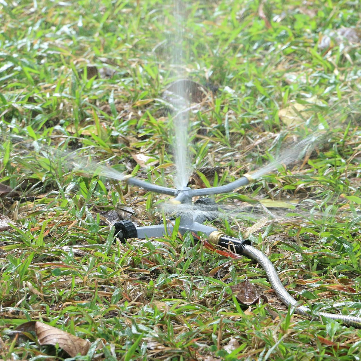 Metal Rotating Water Sprinkler for Lawn, Heavy Duty Metal 3-Arms Whirling 360 Degree Automatic Rotary Sprinkler with Wheeled Base for Small Areas, Garden, Yard, Cover up to 1,384 Sq. ft.