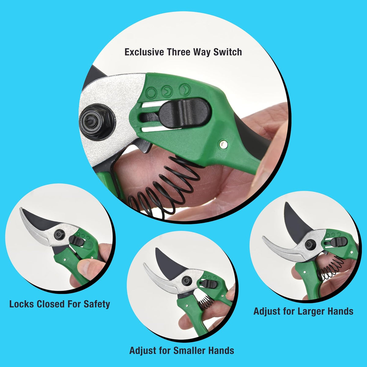 8 Inch Garden Pruner with a SK5 Carbon Steel, Non-stick, Rust Resistant Blade. Adjustable for Small and Large Hands