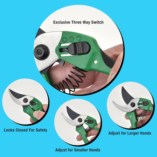 8 Inch Garden Pruner with a SK5 Carbon Steel, Non-stick, Rust Resistant Blade. Adjustable for Small and Large Hands