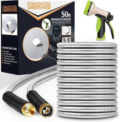 Garden Hose 50FT Metal Water Hose with 10 Function Nozzle No-Kink