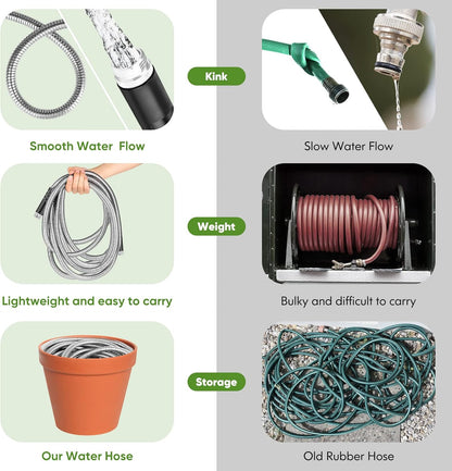 Garden Hose 50FT Metal Water Hose with 10 Function Nozzle No-Kink