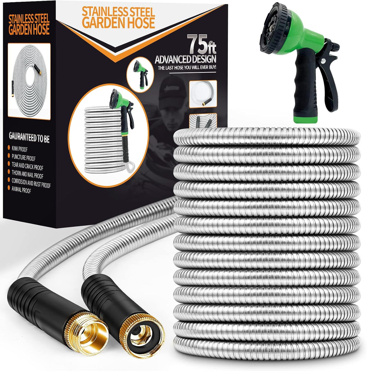 Garden Hose 50FT Metal Water Hose with 10 Function Nozzle No-Kink