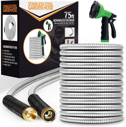 Garden Hose 50FT Metal Water Hose with 10 Function Nozzle No-Kink