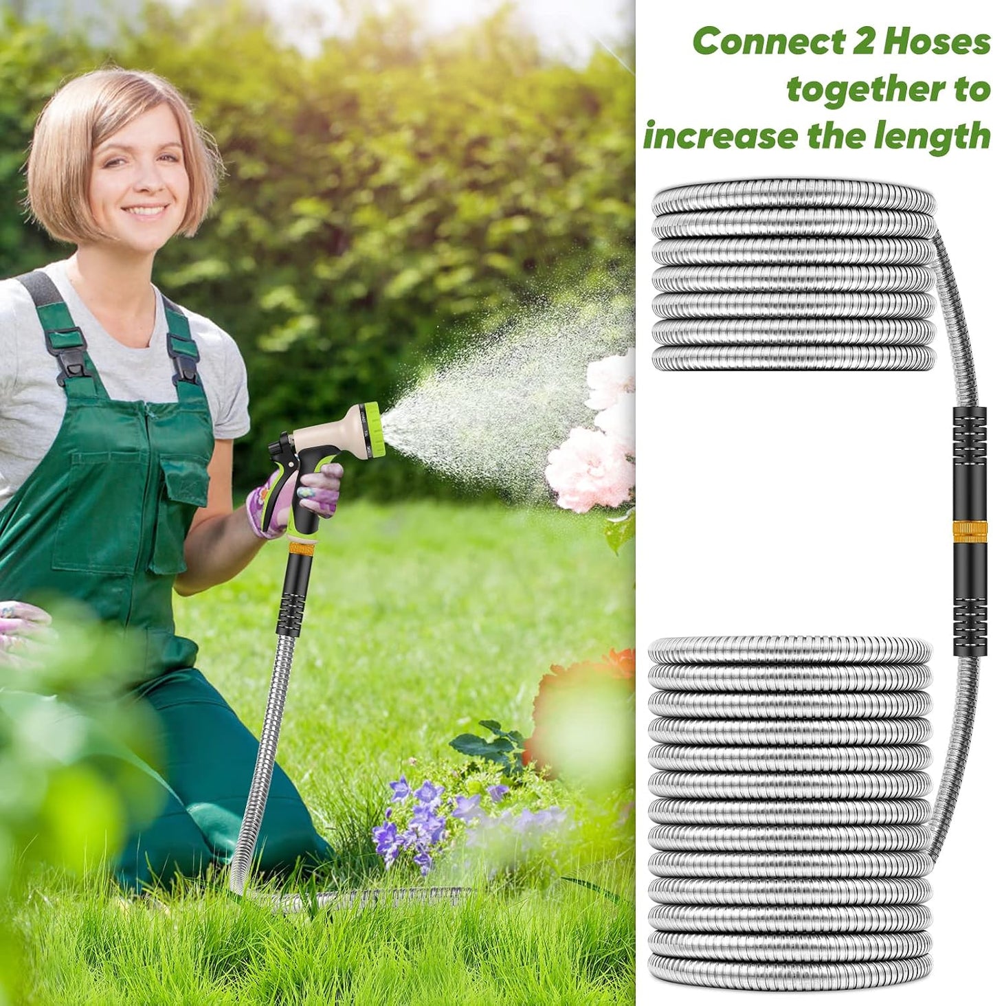 Garden Hose 50FT Metal Water Hose with 10 Function Nozzle No-Kink
