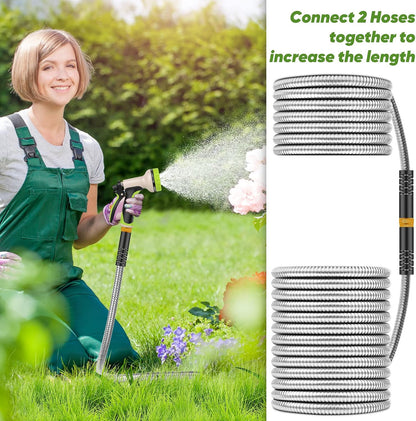 Garden Hose 50FT Metal Water Hose with 10 Function Nozzle No-Kink