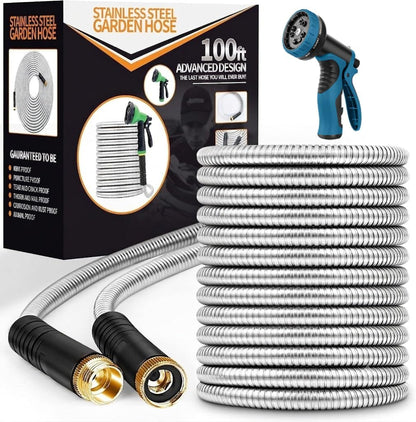 Garden Hose 50FT Metal Water Hose with 10 Function Nozzle No-Kink
