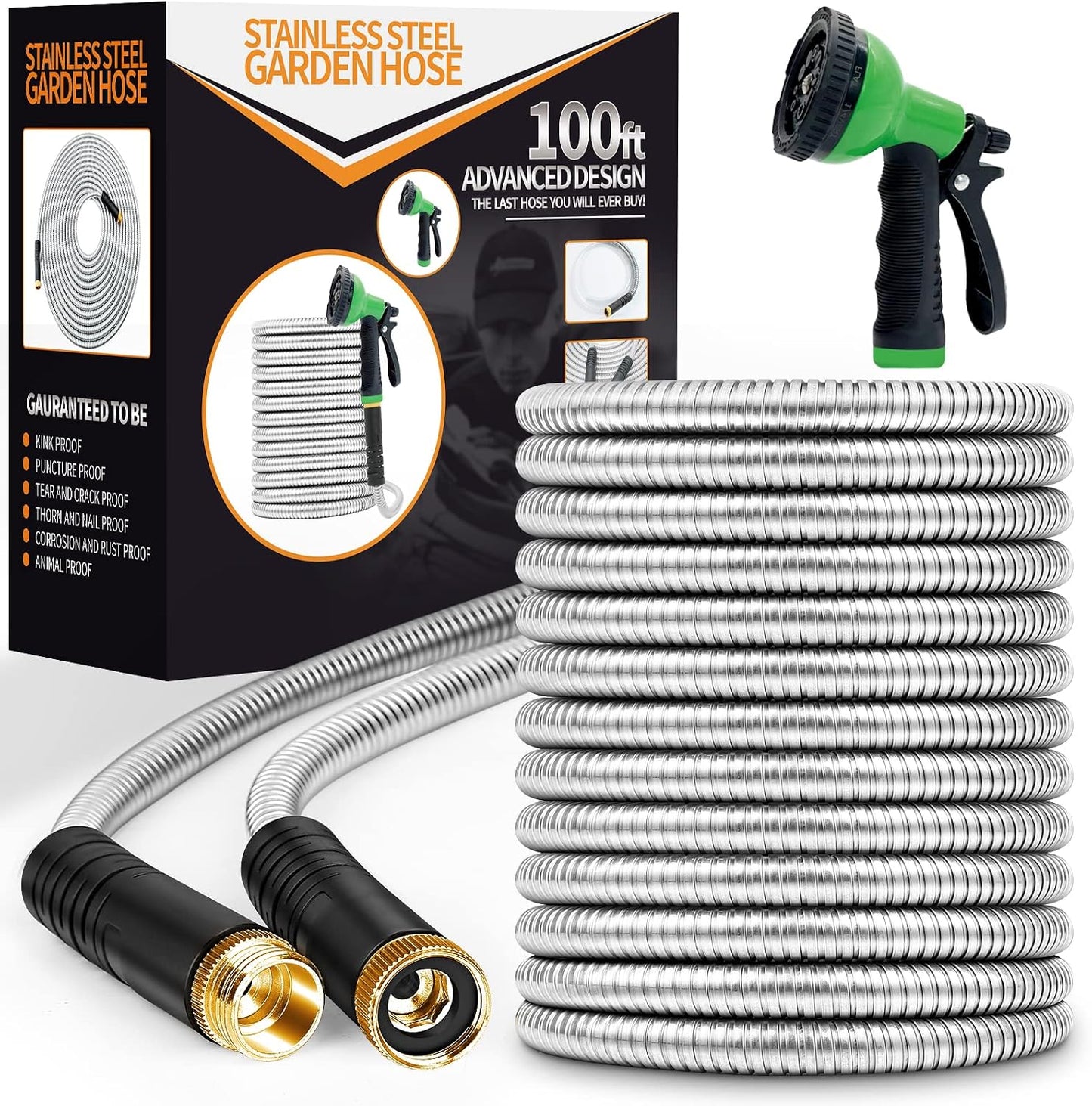 Garden Hose 50FT Metal Water Hose with 10 Function Nozzle No-Kink