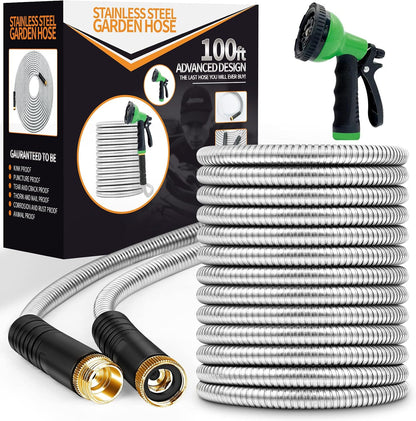 Garden Hose 50FT Metal Water Hose with 10 Function Nozzle No-Kink