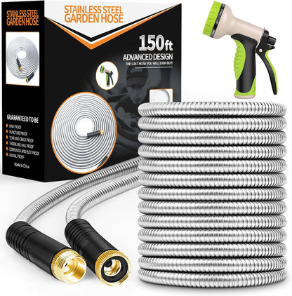 Garden Hose 50FT Metal Water Hose with 10 Function Nozzle No-Kink