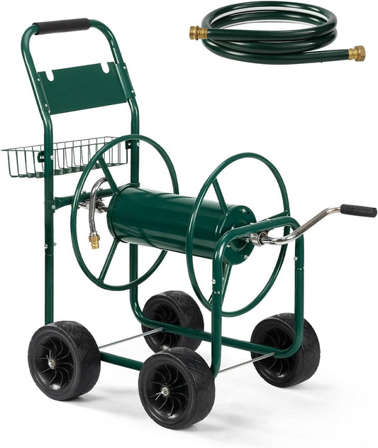 Garden Hose Reel Cart, Heavy Duty, 300 ft of 5/8" Hose, Green