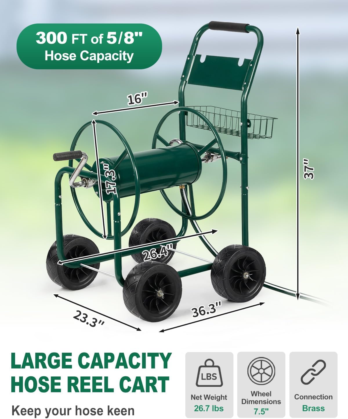 Garden Hose Reel Cart, Heavy Duty, 300 ft of 5/8" Hose, Green