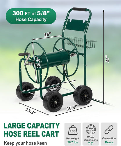 Garden Hose Reel Cart, Heavy Duty, 300 ft of 5/8" Hose, Green