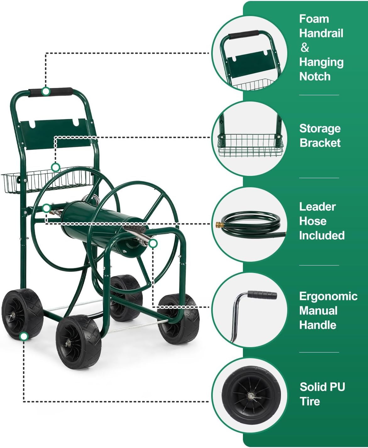 Garden Hose Reel Cart, Heavy Duty, 300 ft of 5/8" Hose, Green