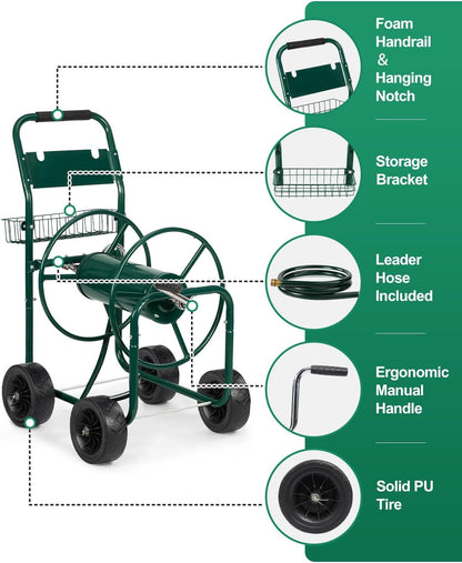 Garden Hose Reel Cart, Heavy Duty, 300 ft of 5/8" Hose, Green