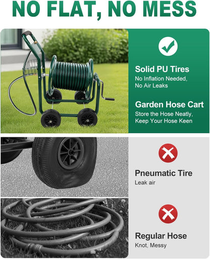 Garden Hose Reel Cart, Heavy Duty, 300 ft of 5/8" Hose, Green
