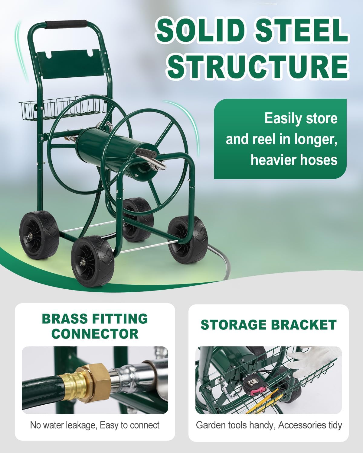 Garden Hose Reel Cart, Heavy Duty, 300 ft of 5/8" Hose, Green