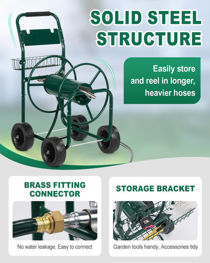 Garden Hose Reel Cart, Heavy Duty, 300 ft of 5/8" Hose, Green