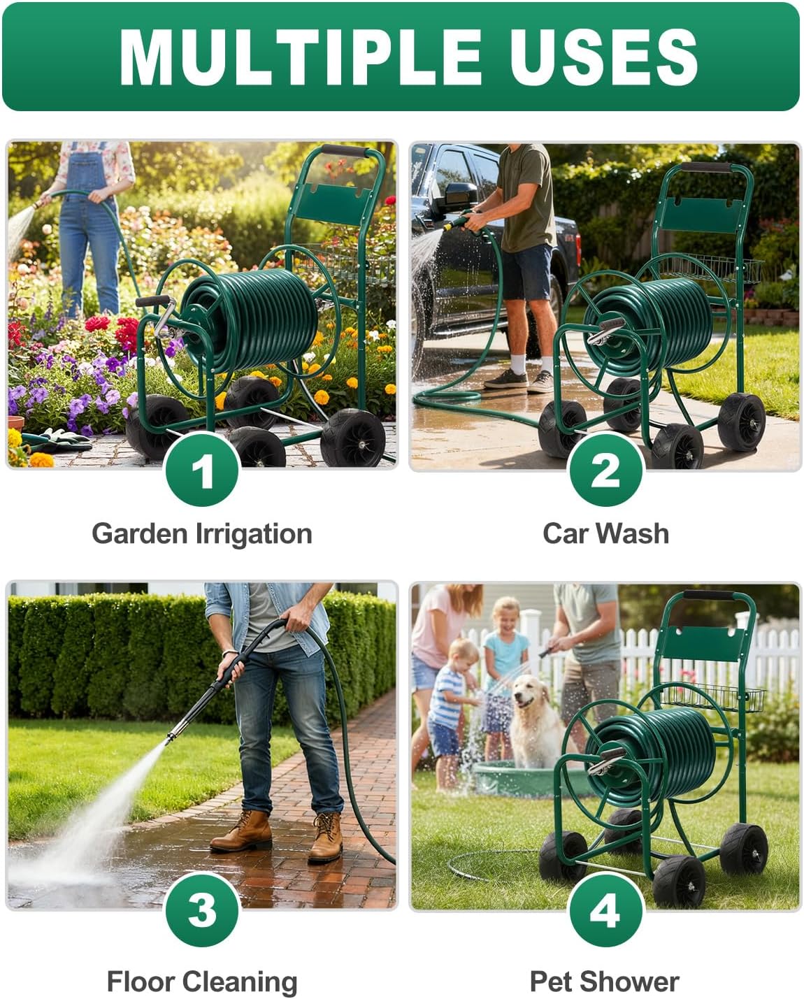 Garden Hose Reel Cart, Heavy Duty, 300 ft of 5/8" Hose, Green