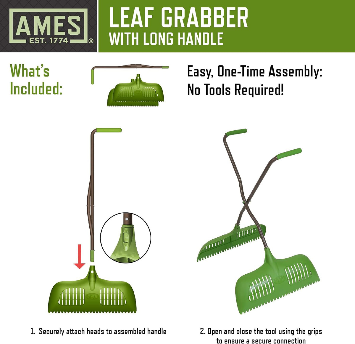 Leaf Grabber Rake with Long Handle & Cushioned Grip for Leaves, Lawn Clippings, Twigs, Yard Waste