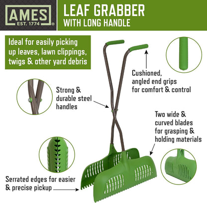 Leaf Grabber Rake with Long Handle & Cushioned Grip for Leaves, Lawn Clippings, Twigs, Yard Waste